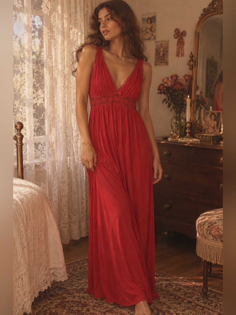 Vintage Miss Elaine Red Antron Nylon & Lace Nightgown Size Large Sleeveless Long